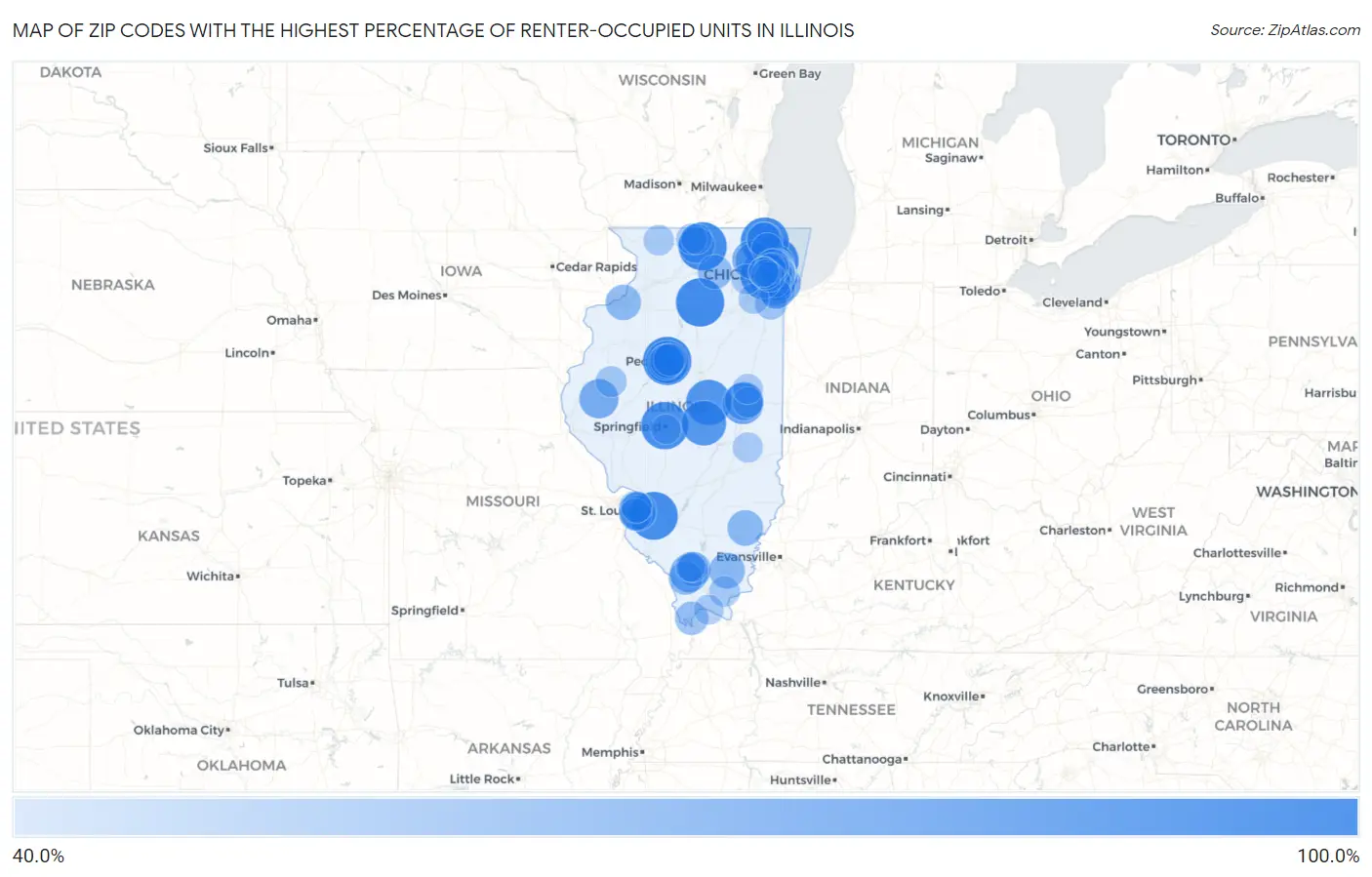 Zip Codes with the Highest Percentage of Renter-Occupied Units in Illinois Map