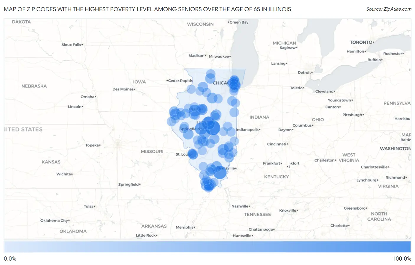 Zip Codes with the Highest Poverty Level Among Seniors Over the Age of 65 in Illinois Map