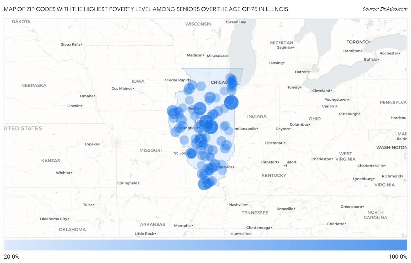 Zip Codes with the Highest Poverty Level Among Seniors Over the Age of 75 in Illinois Map