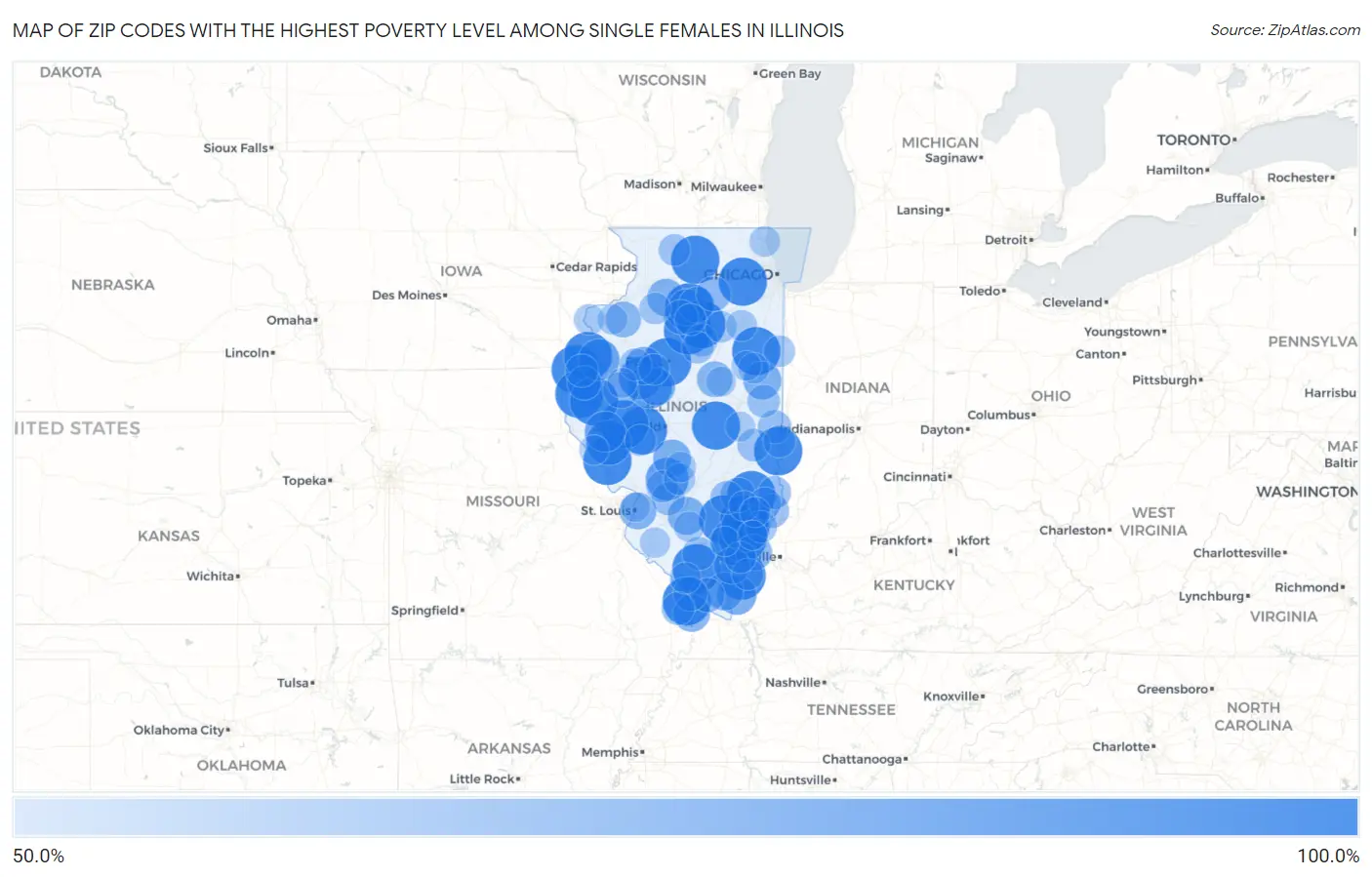 Zip Codes with the Highest Poverty Level Among Single Females in Illinois Map