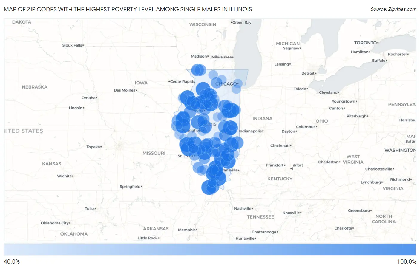 Zip Codes with the Highest Poverty Level Among Single Males in Illinois Map