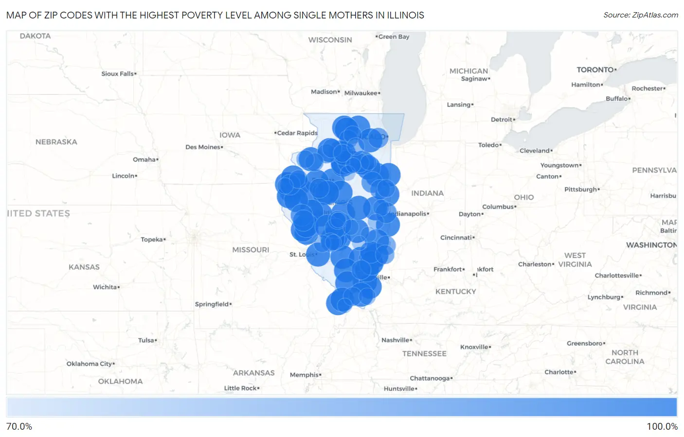 Zip Codes with the Highest Poverty Level Among Single Mothers in Illinois Map