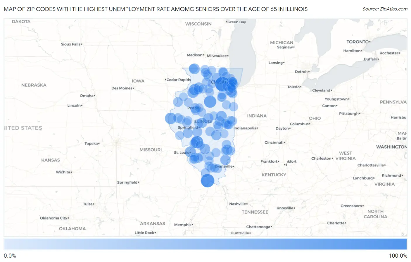 Zip Codes with the Highest Unemployment Rate Amomg Seniors Over the Age of 65 in Illinois Map