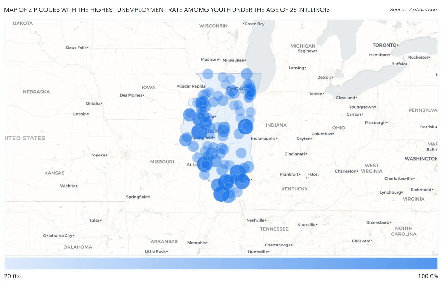Zip Codes with the Highest Unemployment Rate Amomg Youth Under the Age of 25 in Illinois Map