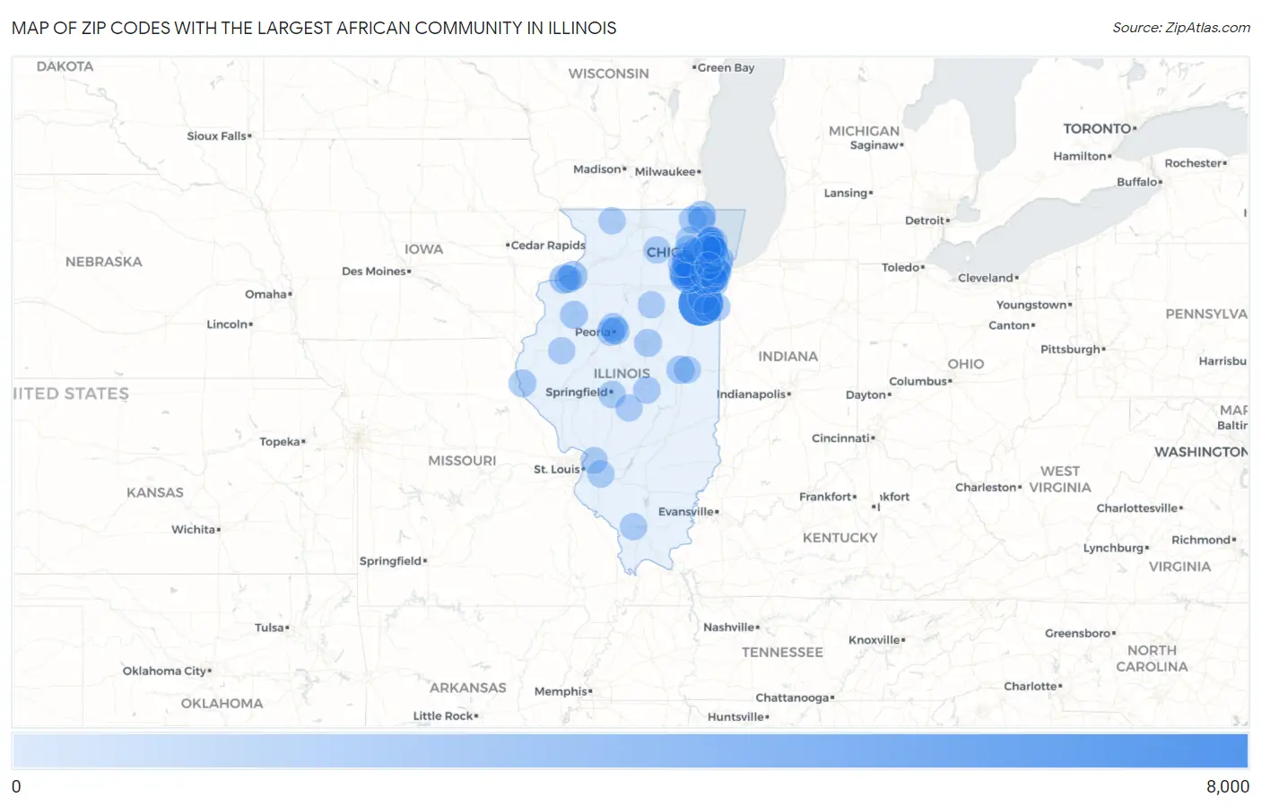 Zip Codes with the Largest African Community in Illinois Map