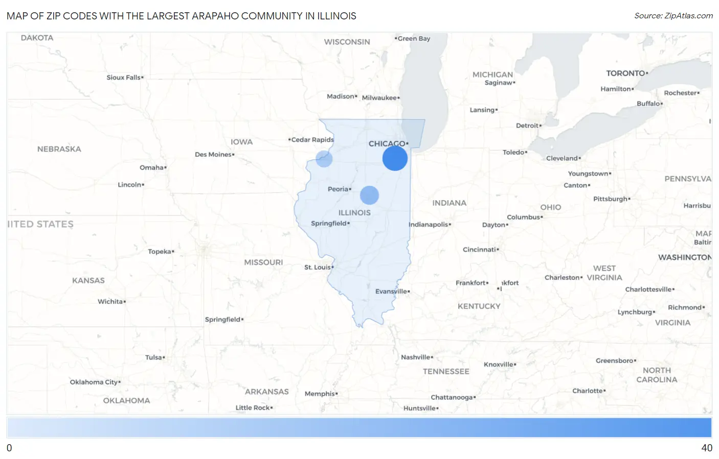 Zip Codes with the Largest Arapaho Community in Illinois Map