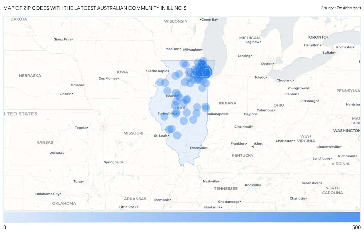 Zip Codes with the Largest Australian Community in Illinois Map