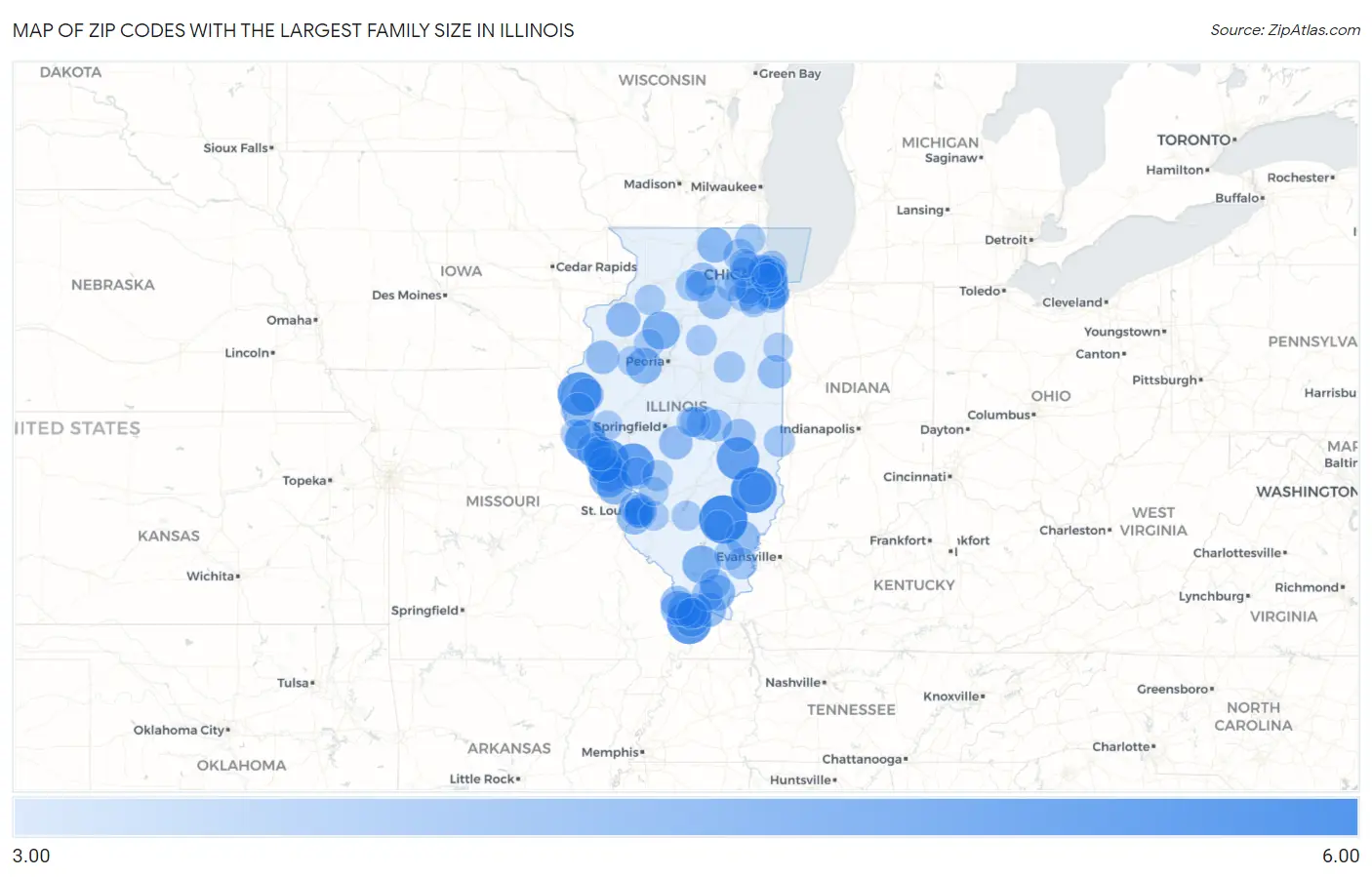 Zip Codes with the Largest Family Size in Illinois Map