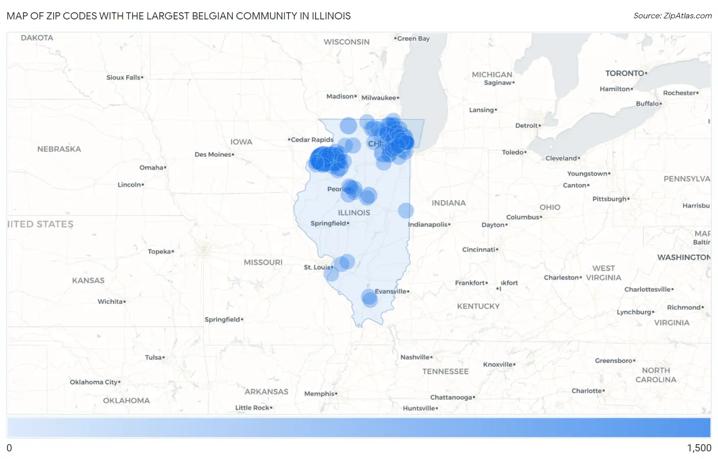 Zip Codes with the Largest Belgian Community in Illinois Map