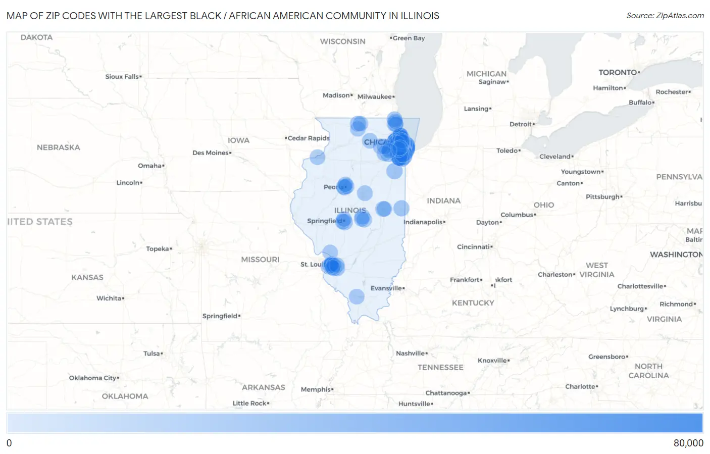 Zip Codes with the Largest Black / African American Community in Illinois Map