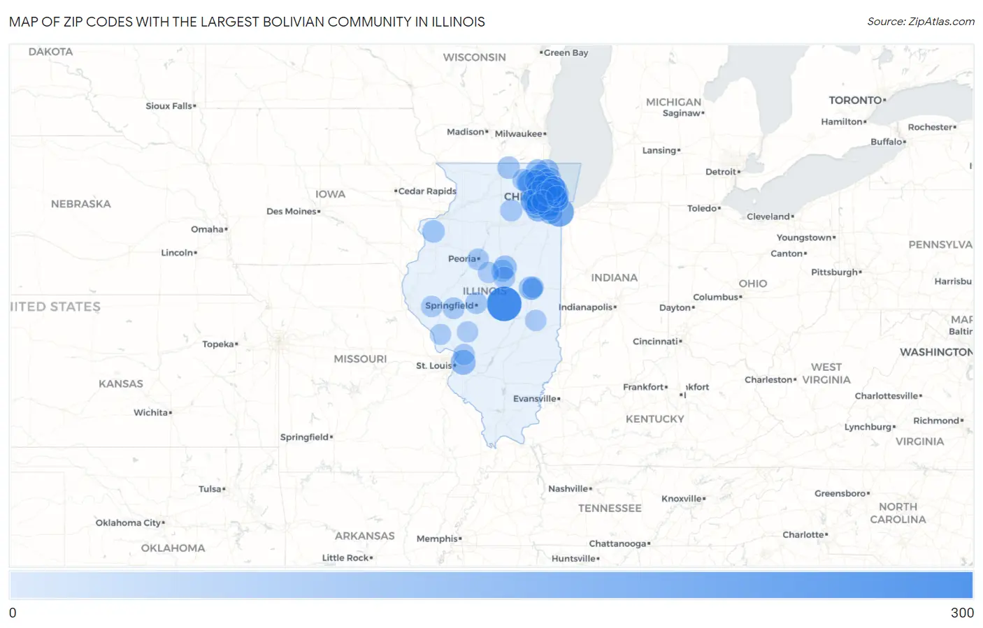 Zip Codes with the Largest Bolivian Community in Illinois Map
