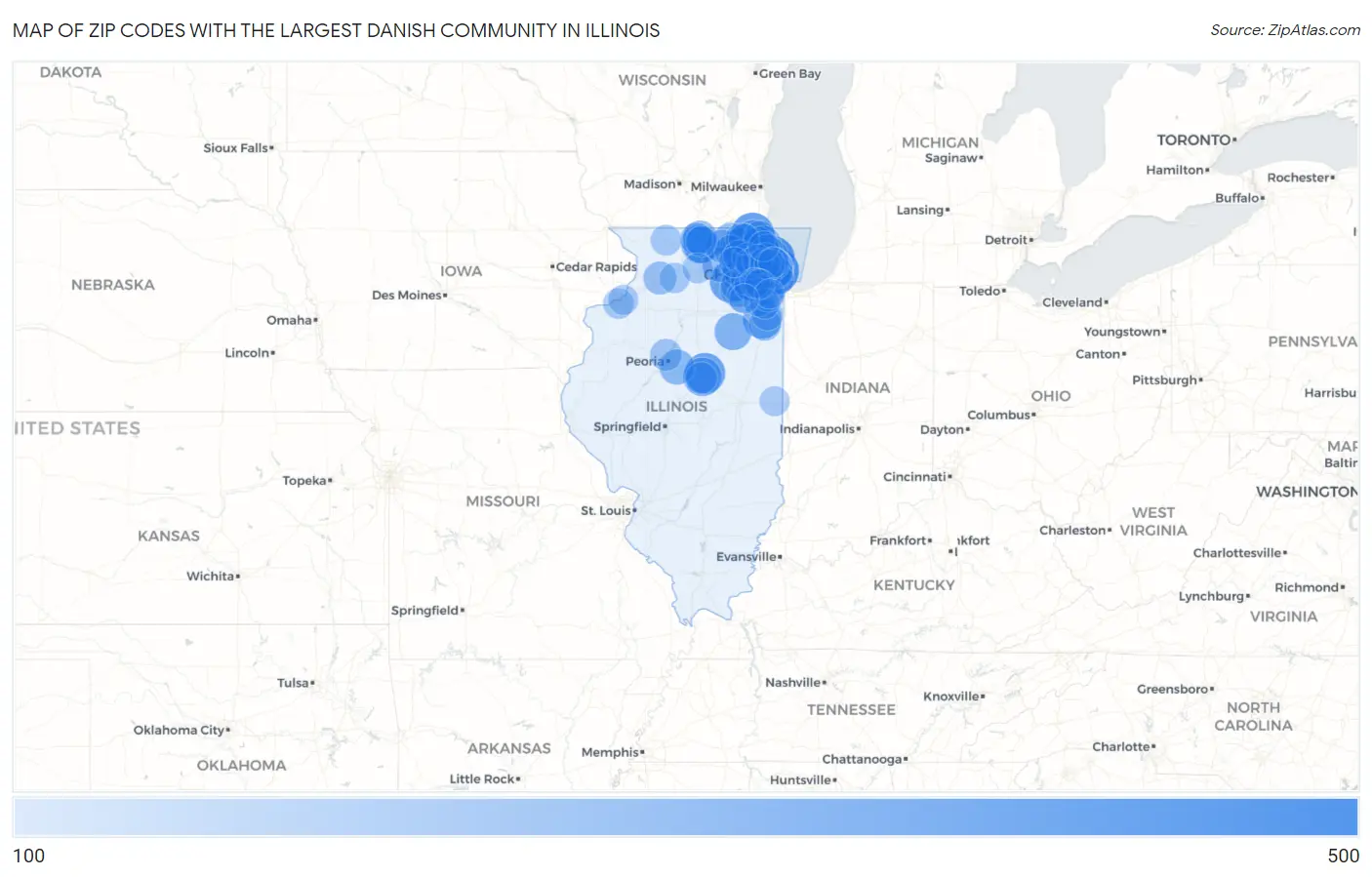 Zip Codes with the Largest Danish Community in Illinois Map