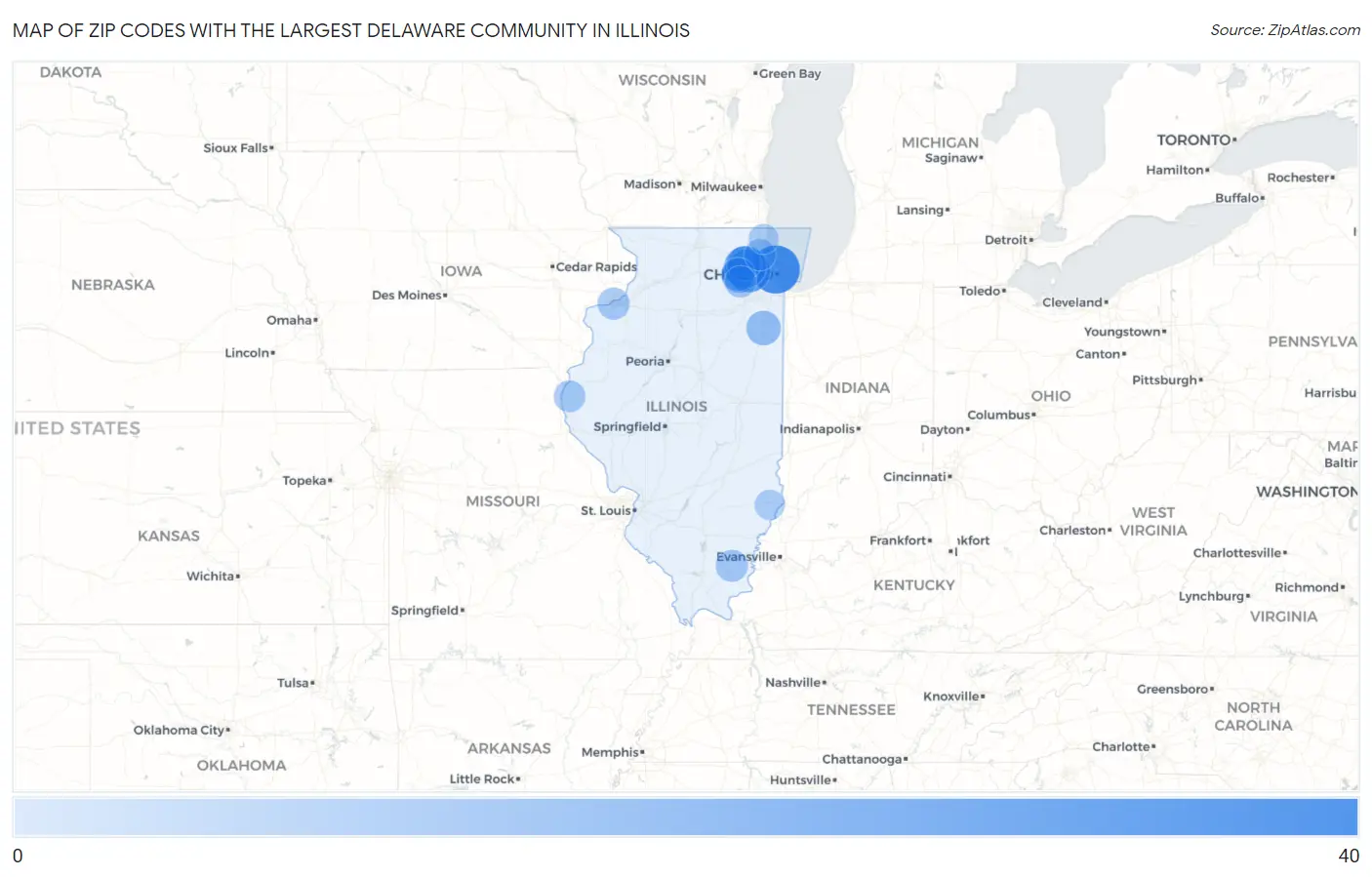 Zip Codes with the Largest Delaware Community in Illinois Map