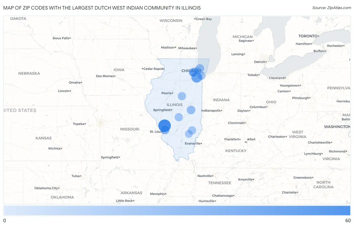 Zip Codes with the Largest Dutch West Indian Community in Illinois Map