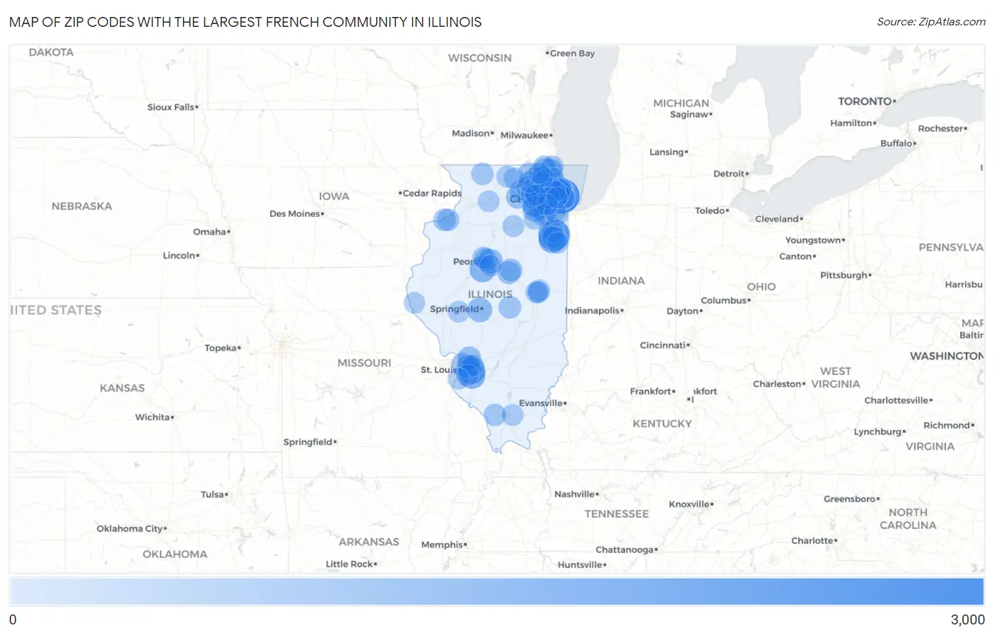 Zip Codes with the Largest French Community in Illinois Map