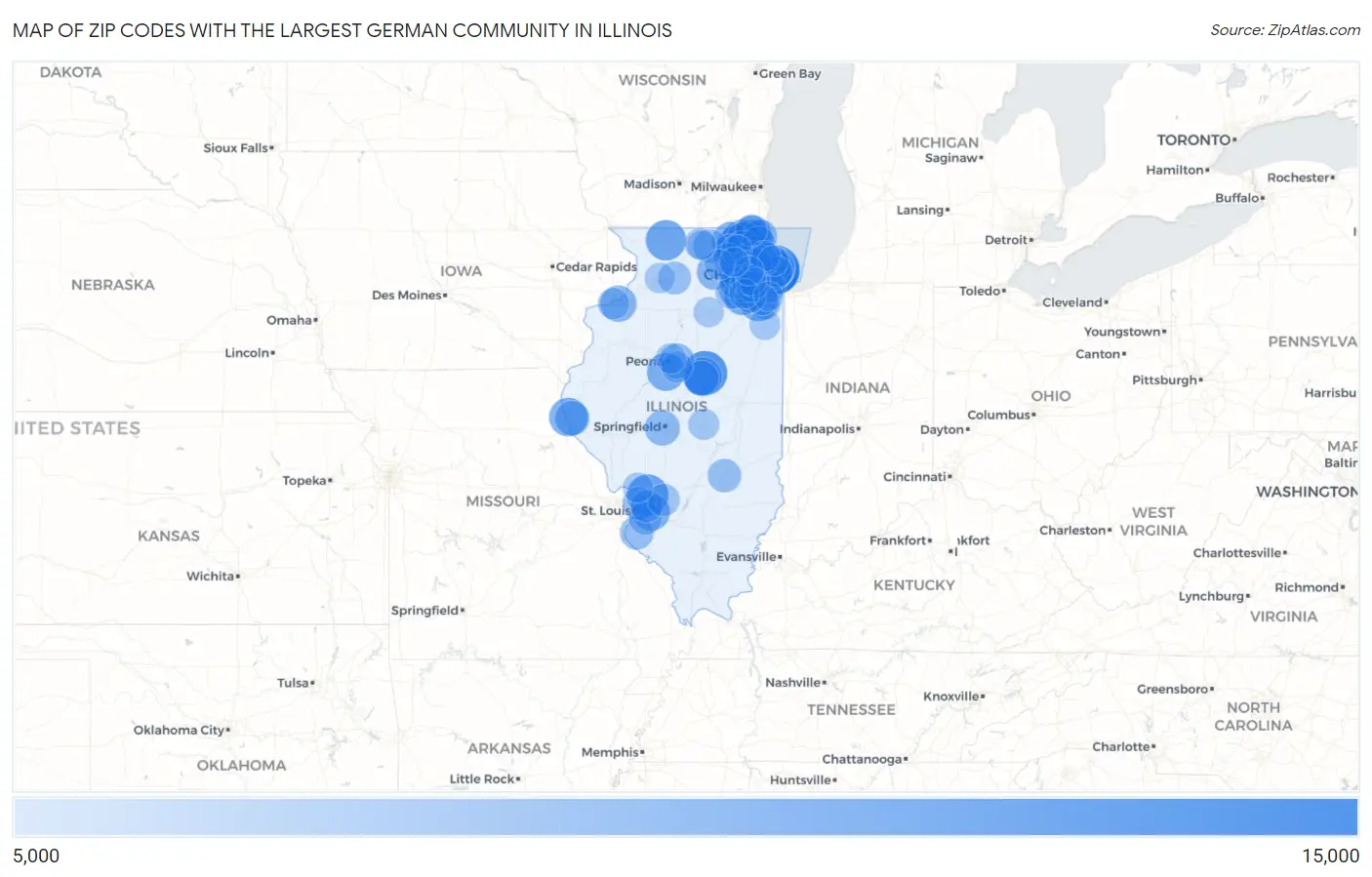 Zip Codes with the Largest German Community in Illinois Map