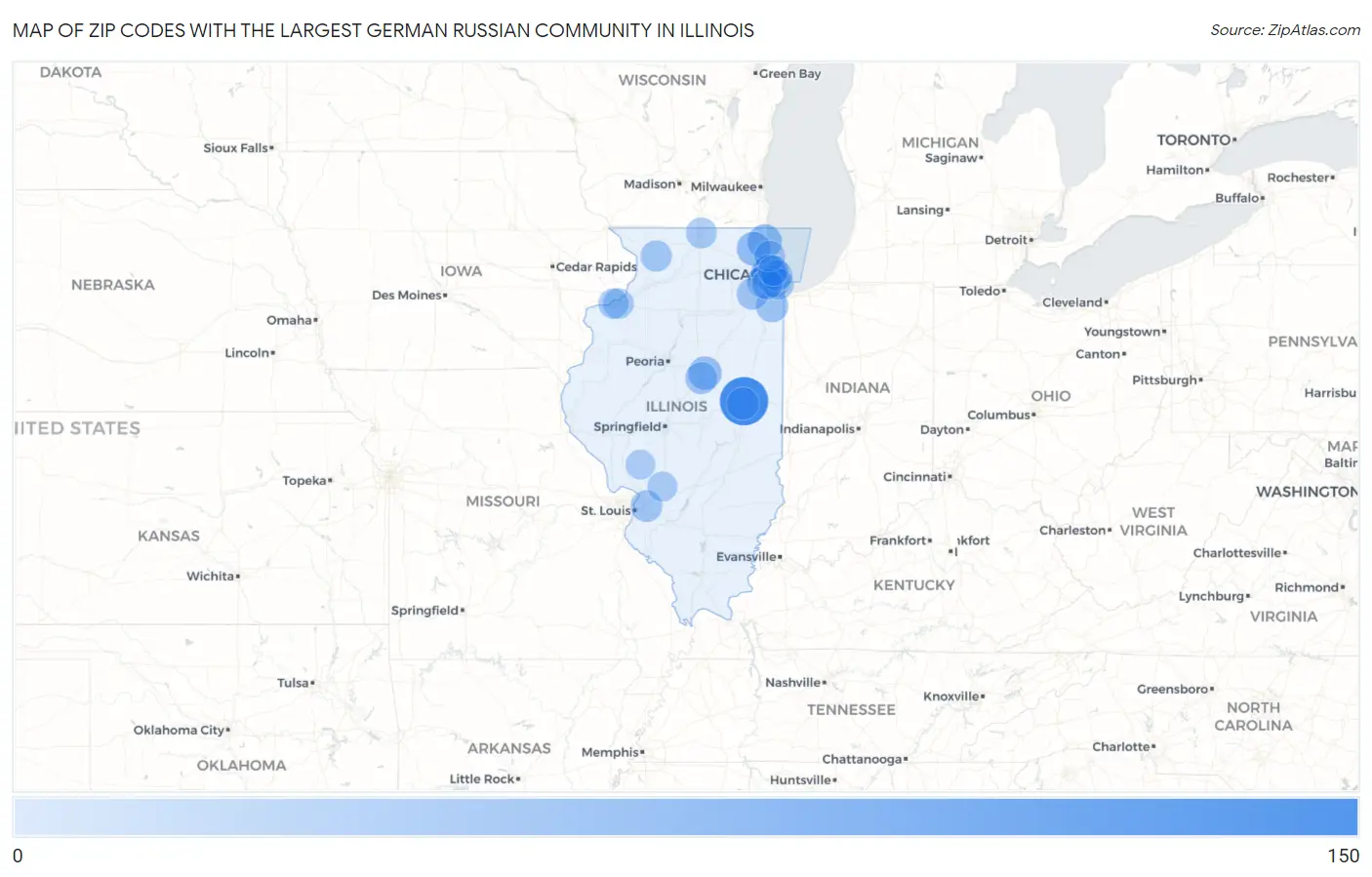 Zip Codes with the Largest German Russian Community in Illinois Map