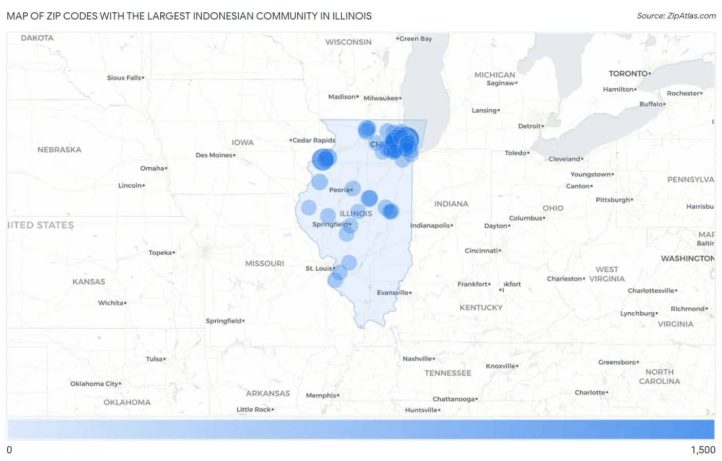 Zip Codes with the Largest Indonesian Community in Illinois Map