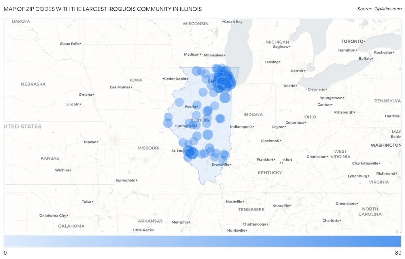 Zip Codes with the Largest Iroquois Community in Illinois Map