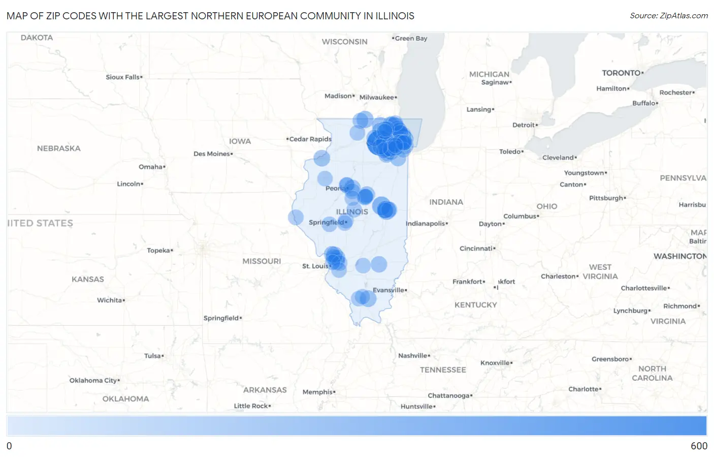 Zip Codes with the Largest Northern European Community in Illinois Map