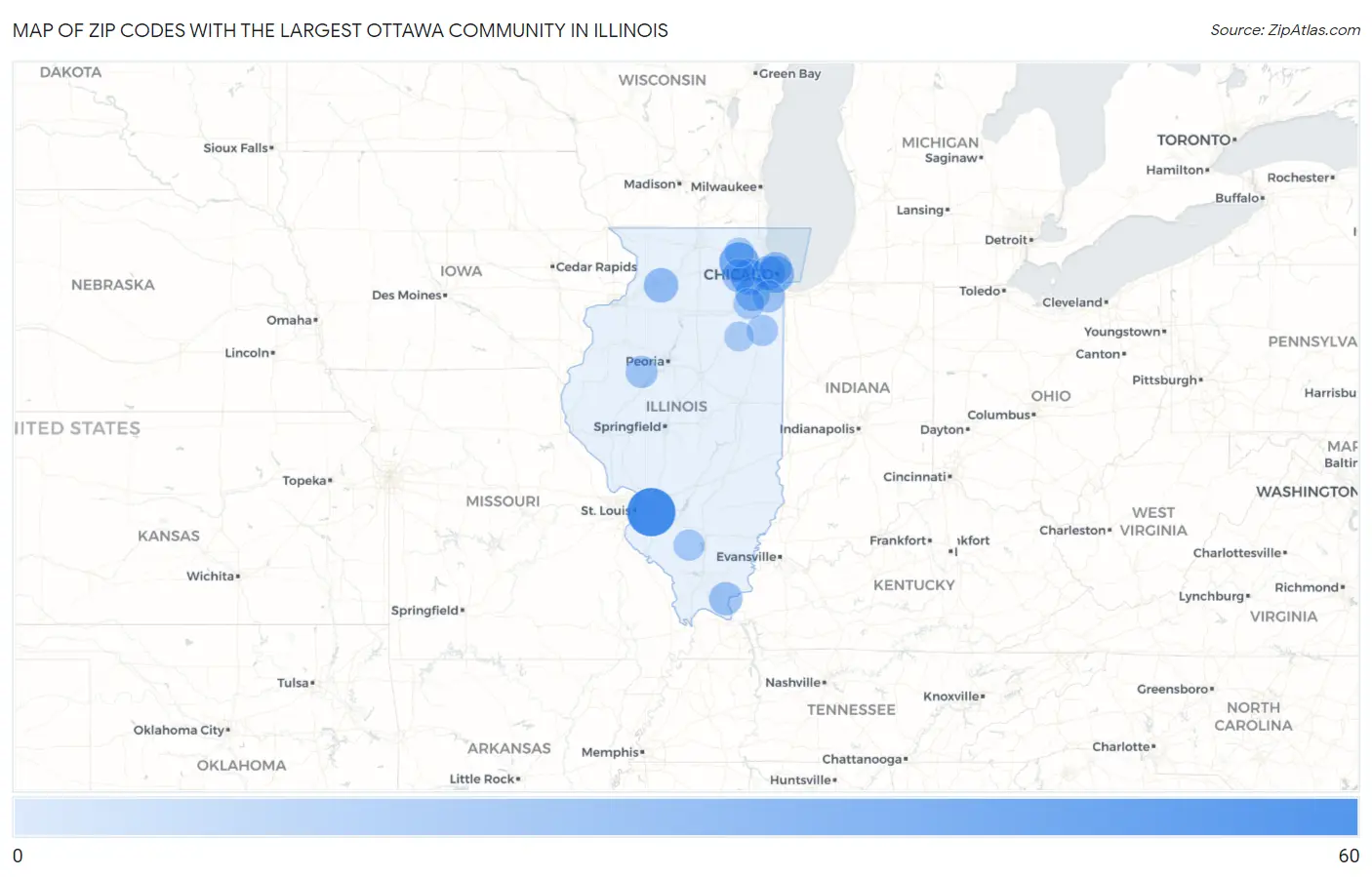 Zip Codes with the Largest Ottawa Community in Illinois Map
