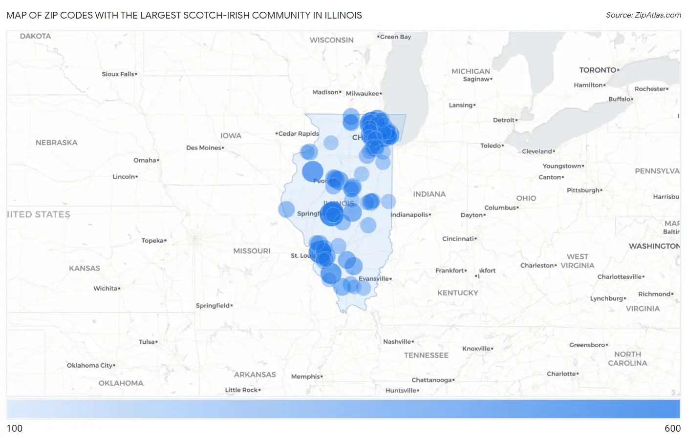 Zip Codes with the Largest Scotch-Irish Community in Illinois Map