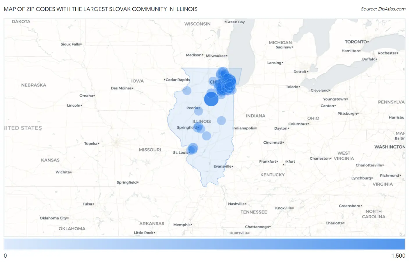 Zip Codes with the Largest Slovak Community in Illinois Map