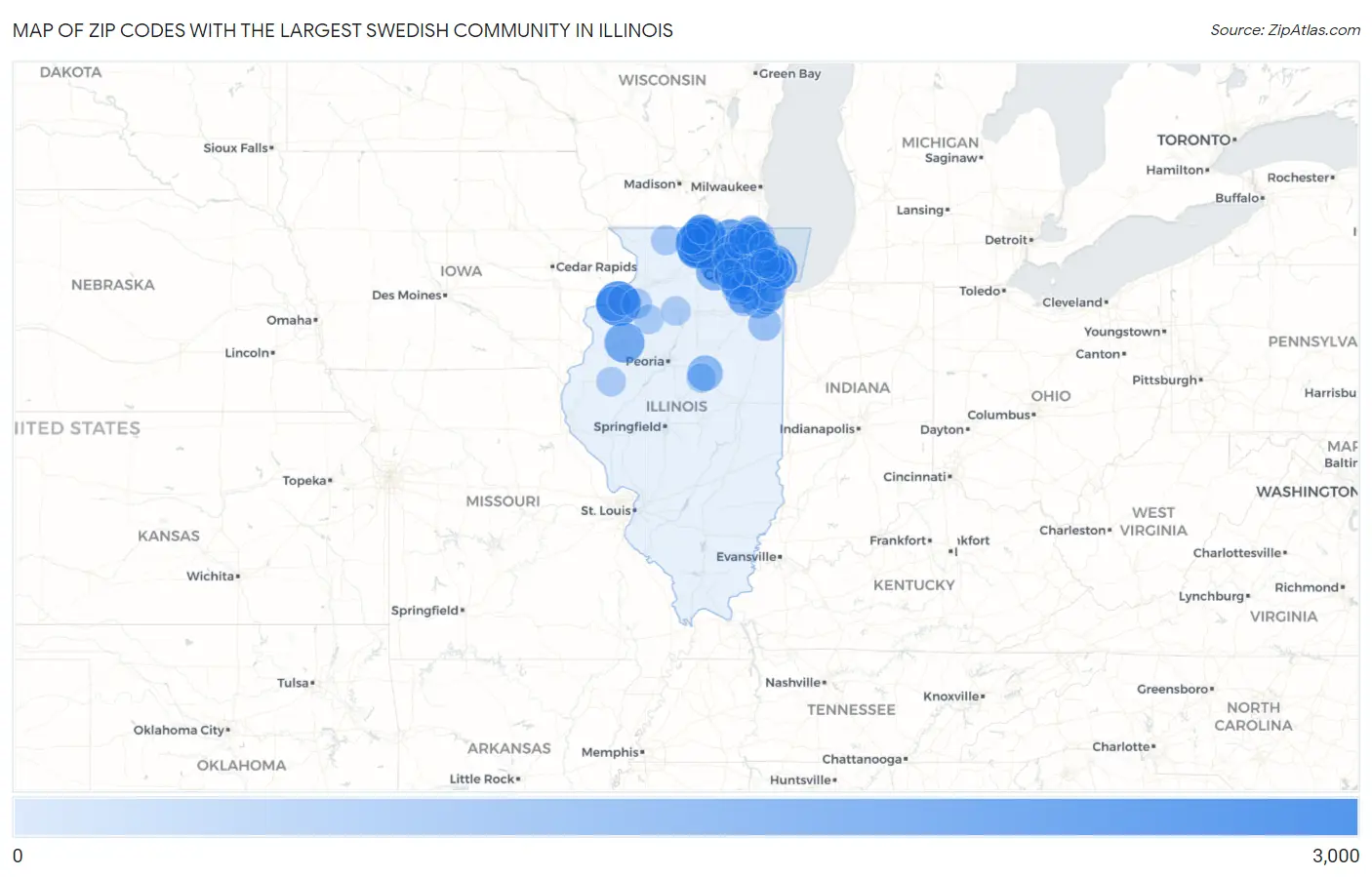 Zip Codes with the Largest Swedish Community in Illinois Map
