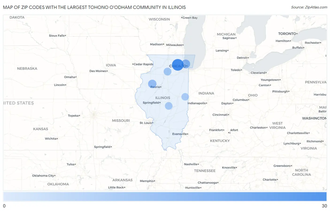 Zip Codes with the Largest Tohono O'Odham Community in Illinois Map