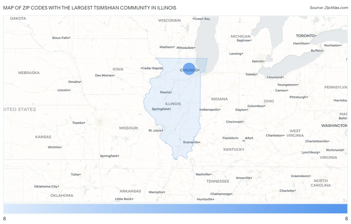 Zip Codes with the Largest Tsimshian Community in Illinois Map