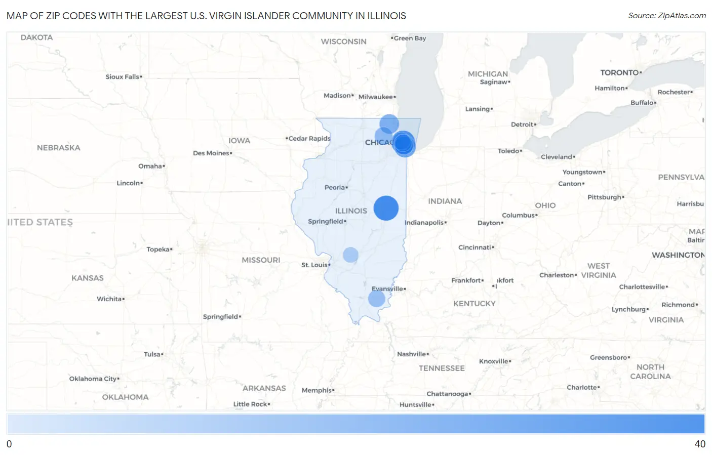 Zip Codes with the Largest U.S. Virgin Islander Community in Illinois Map