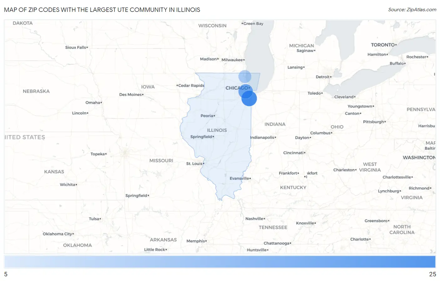 Zip Codes with the Largest Ute Community in Illinois Map
