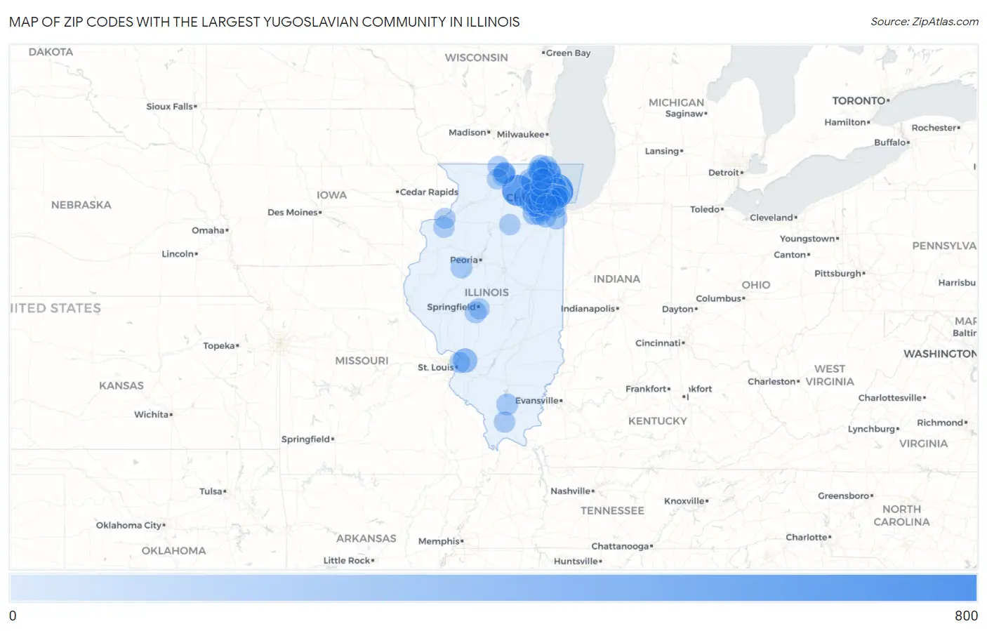 Zip Codes with the Largest Yugoslavian Community in Illinois Map