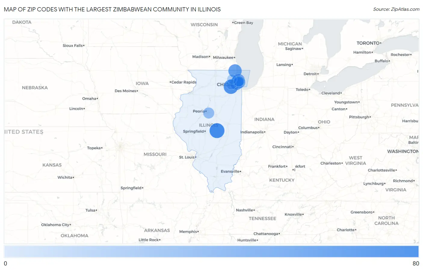 Zip Codes with the Largest Zimbabwean Community in Illinois Map