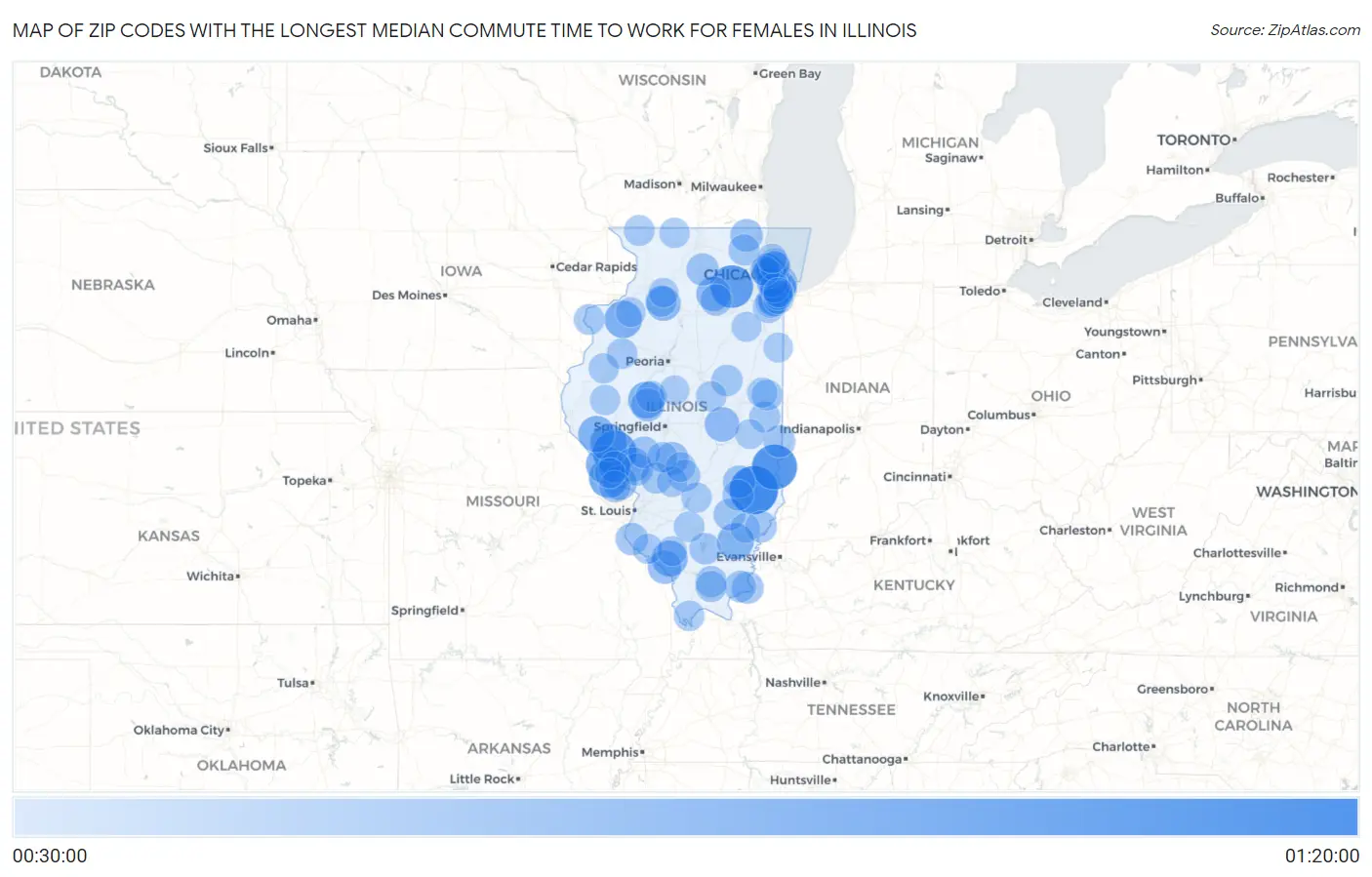 Zip Codes with the Longest Median Commute Time to Work for Females in Illinois Map