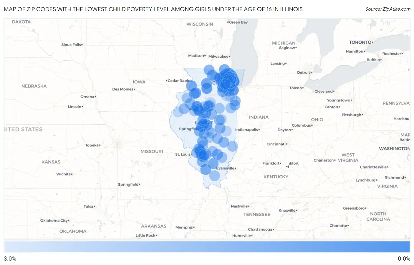 Zip Codes with the Lowest Child Poverty Level Among Girls Under the Age of 16 in Illinois Map