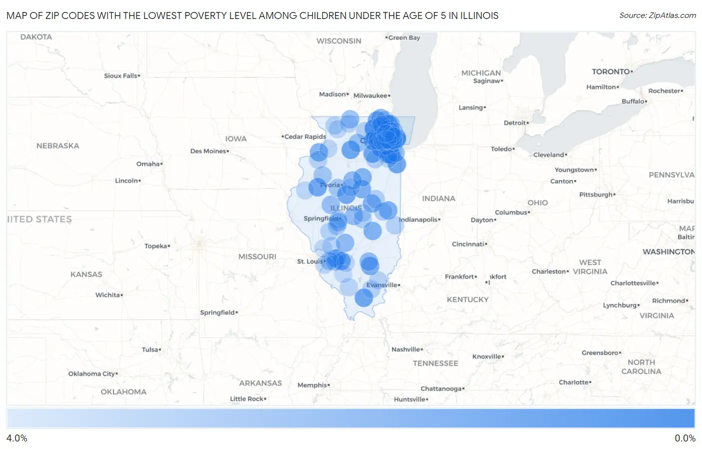 Zip Codes with the Lowest Poverty Level Among Children Under the Age of 5 in Illinois Map