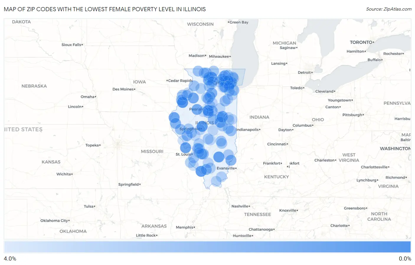 Zip Codes with the Lowest Female Poverty Level in Illinois Map