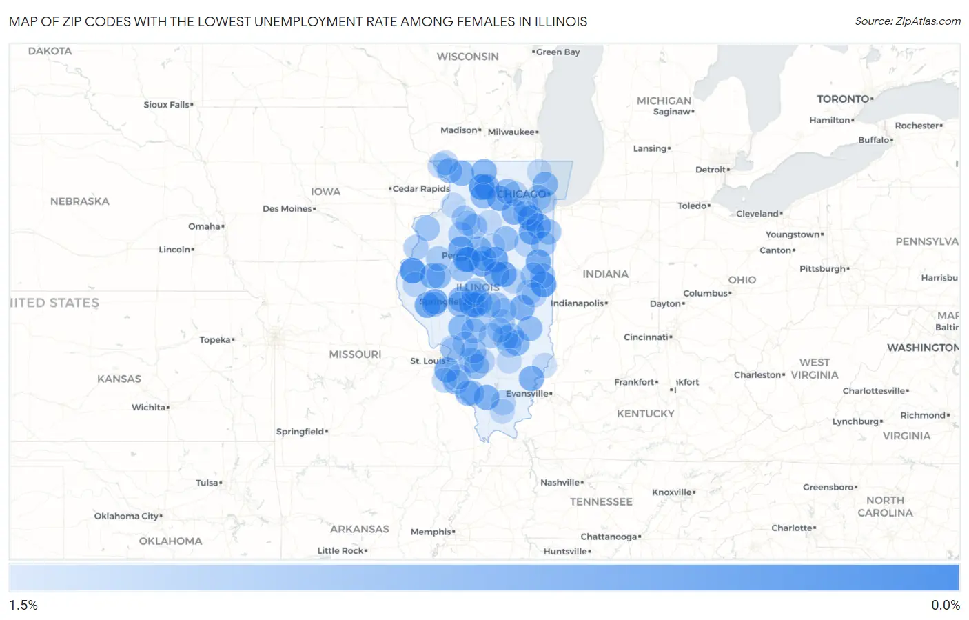 Zip Codes with the Lowest Unemployment Rate Among Females in Illinois Map