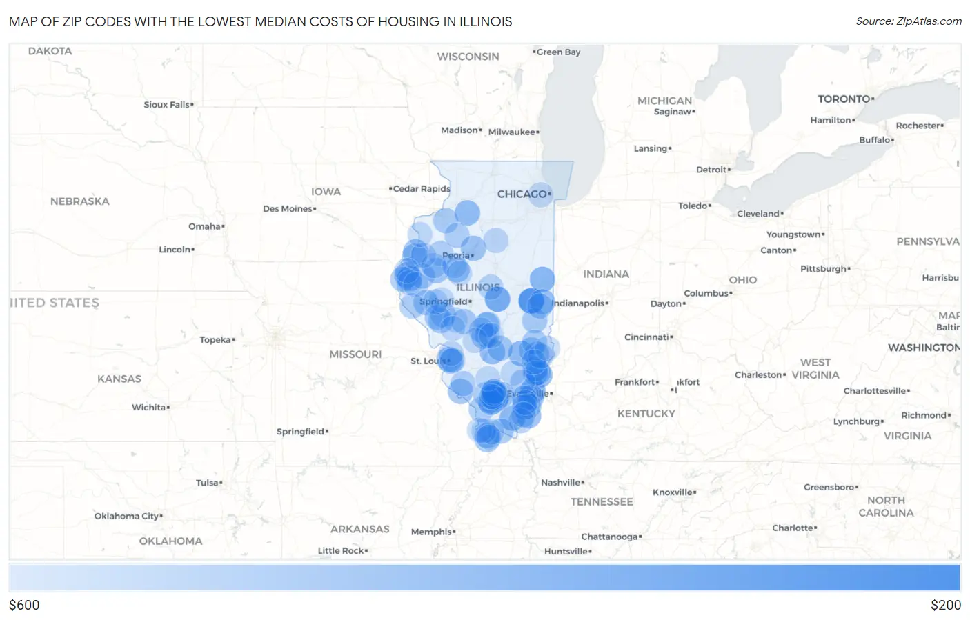 Zip Codes with the Lowest Median Costs of Housing in Illinois Map