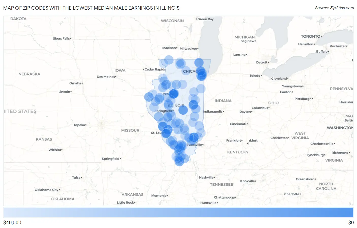 Zip Codes with the Lowest Median Male Earnings in Illinois Map