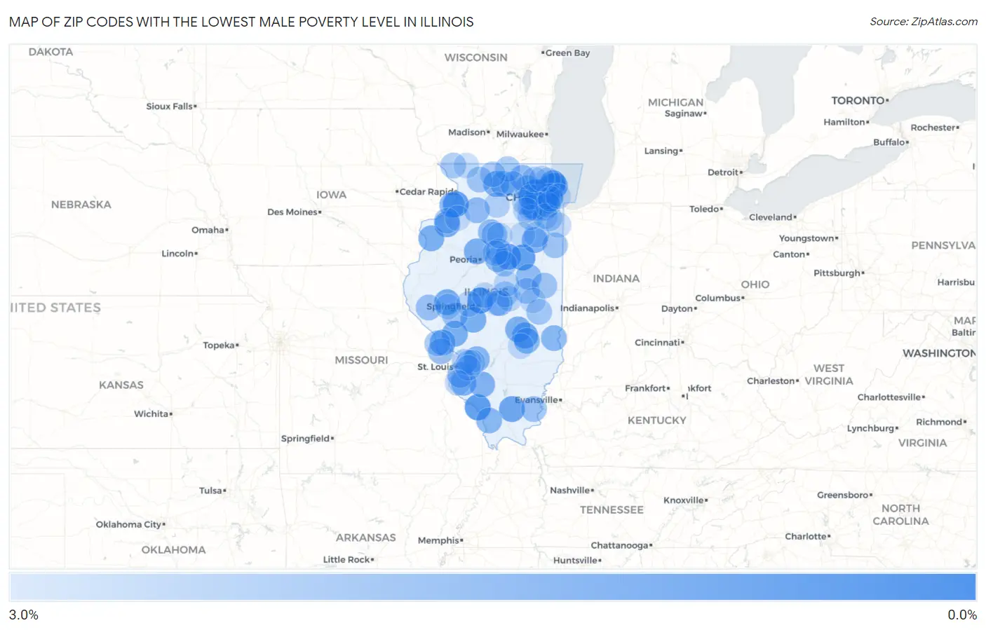 Zip Codes with the Lowest Male Poverty Level in Illinois Map