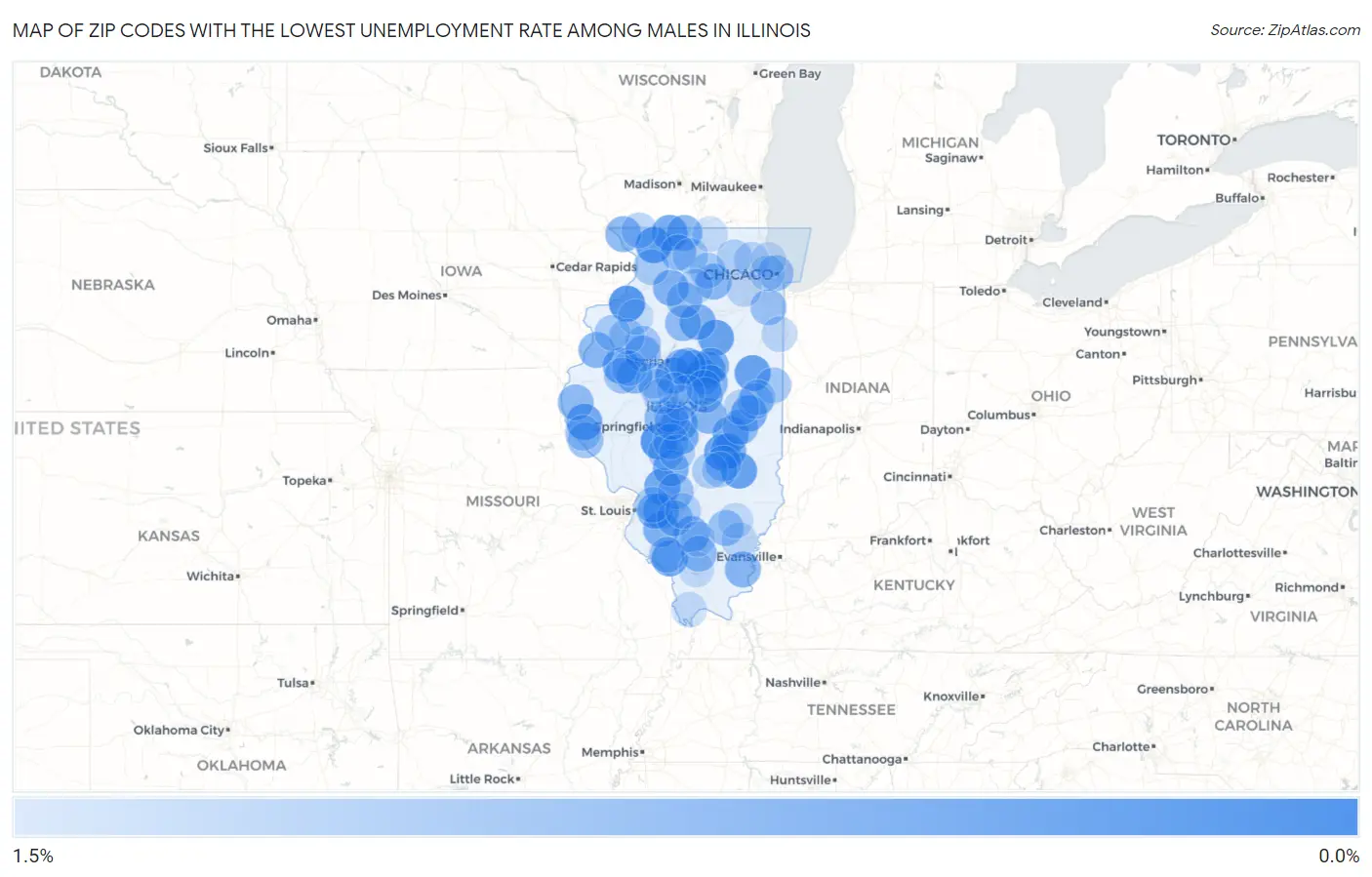 Zip Codes with the Lowest Unemployment Rate Among Males in Illinois Map