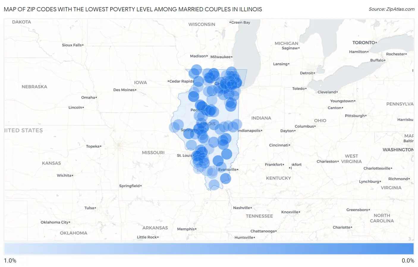 Zip Codes with the Lowest Poverty Level Among Married Couples in Illinois Map