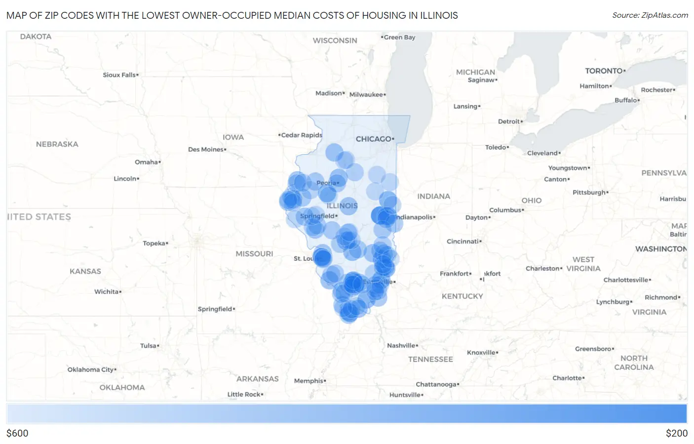 Zip Codes with the Lowest Owner-Occupied Median Costs of Housing in Illinois Map