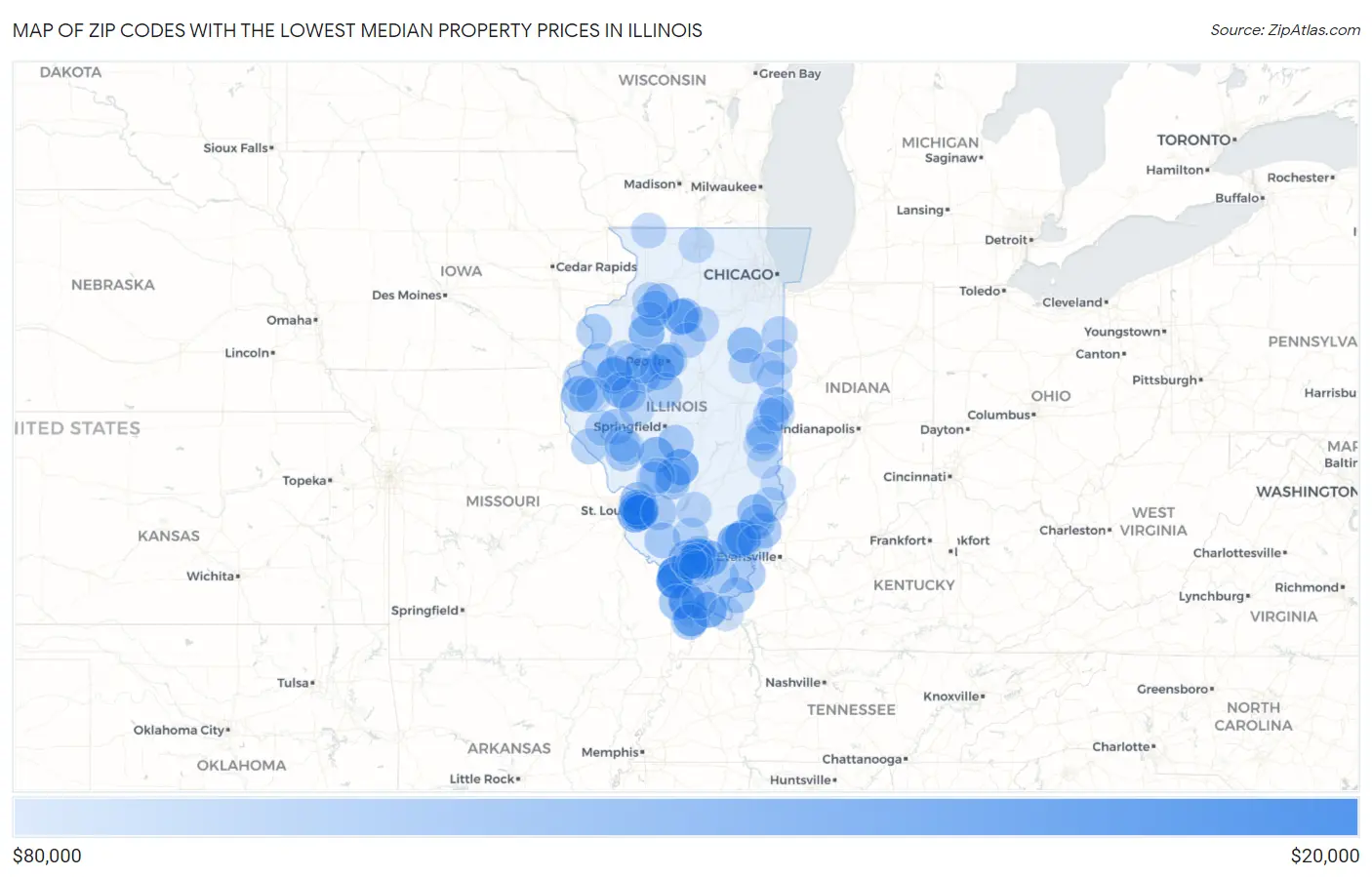Zip Codes with the Lowest Median Property Prices in Illinois Map