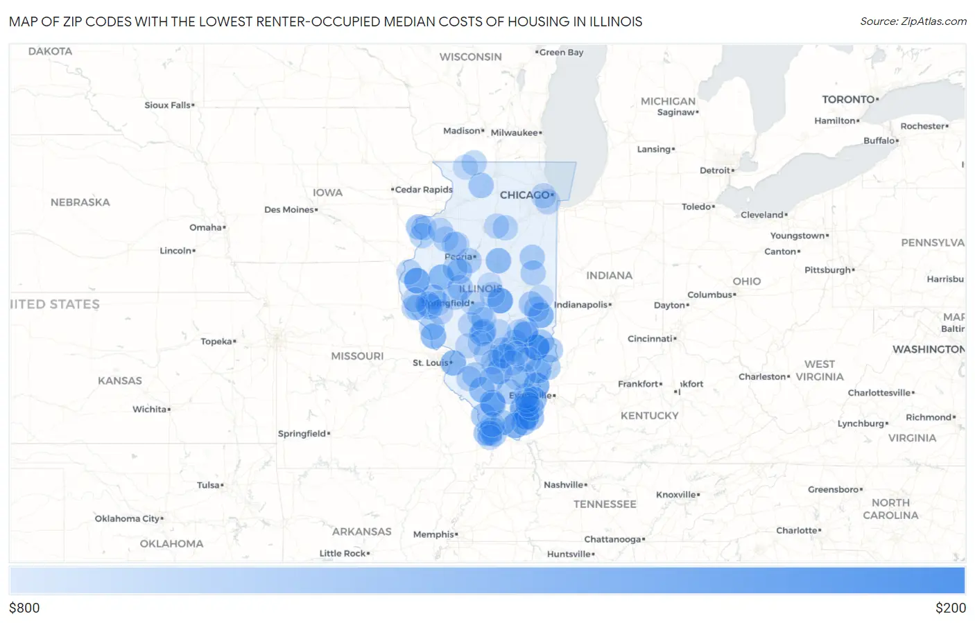 Zip Codes with the Lowest Renter-Occupied Median Costs of Housing in Illinois Map