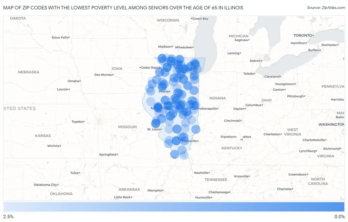 Zip Codes with the Lowest Poverty Level Among Seniors Over the Age of 65 in Illinois Map