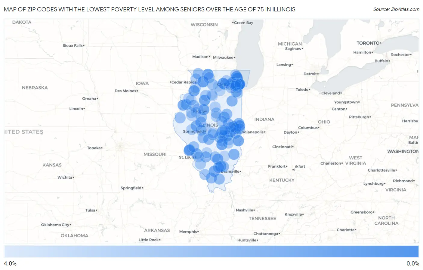 Zip Codes with the Lowest Poverty Level Among Seniors Over the Age of 75 in Illinois Map