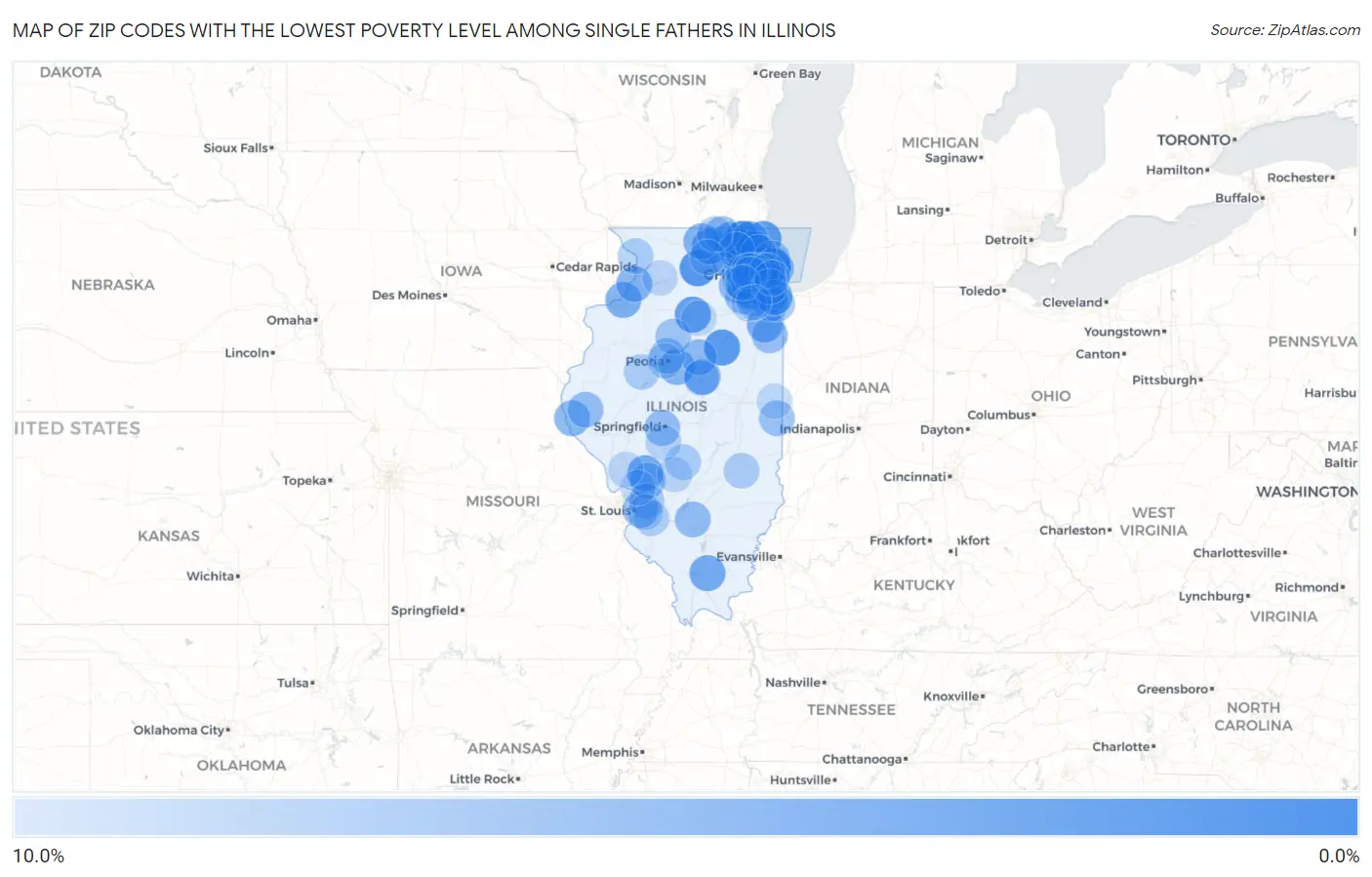 Zip Codes with the Lowest Poverty Level Among Single Fathers in Illinois Map